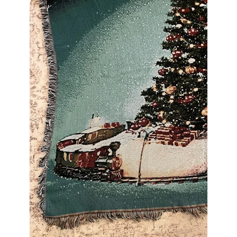 Christmas Tree Tapestry Throw Blanket Holiday Train Blue Green 58